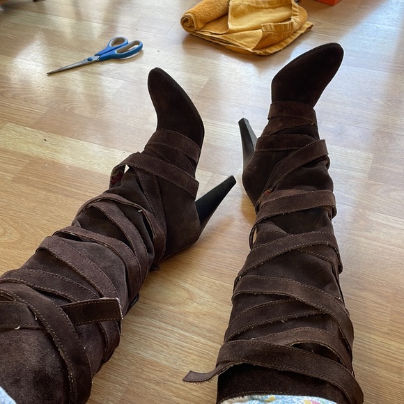 Missoni Brown Suede Strappy Knee High Heeled Boots - Picture 5 of 8